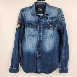 SuperDry Military Denim Shirt Mens Size Small Dragway Patch Long Sleeve Button